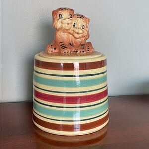 Robinson Ransbottom Pottery Striped Ceramic Cookie Jar with Tiger Cub Lid